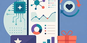 Illustration of an AI loyalty dashboard with analytics, reward card, gift box, and heart-shaped retention loop on a muted blue background.