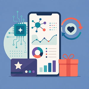 Illustration of an AI loyalty dashboard with analytics, reward card, gift box, and heart-shaped retention loop on a muted blue background.