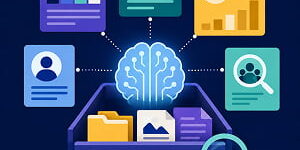 Illustration of an AI-powered marketing knowledge base, with a glowing digital brain emerging from organized files and connected to campaign, audience, analytics, and search panels.