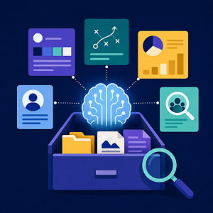 Illustration of an AI-powered marketing knowledge base, with a glowing digital brain emerging from organized files and connected to campaign, audience, analytics, and search panels.