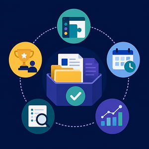 Illustration of a maintained marketing knowledge base, with organized files surrounded by workflow, review calendar, search, usage analytics, and contribution recognition icons.