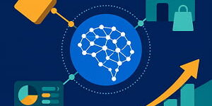 Illustration of an AI neural network connected to pricing, retail, analytics, and revenue growth icons, representing AI-powered pricing strategy.