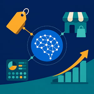 Illustration of an AI neural network connected to pricing, retail, analytics, and revenue growth icons, representing AI-powered pricing strategy.