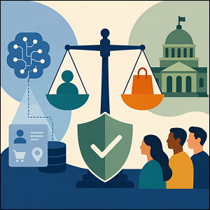 Illustration of AI pricing oversight with a balance scale, consumer data, shoppers, and government regulation symbols.