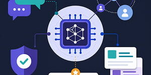 Illustration of an AI chip connected to chat bubbles, community network icons, a moderation shield, and content cards, representing AI-powered community management.