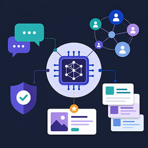 Illustration of an AI chip connected to chat bubbles, community network icons, a moderation shield, and content cards, representing AI-powered community management.