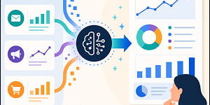 Illustration of an AI hub consolidating marketing data from multiple sources into an automated report dashboard reviewed by a marketer.