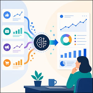 Illustration of an AI hub consolidating marketing data from multiple sources into an automated report dashboard reviewed by a marketer.