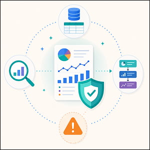 Illustration of a verified marketing report with source data, audit checks, and guardrail icons showing AI reporting accuracy controls.