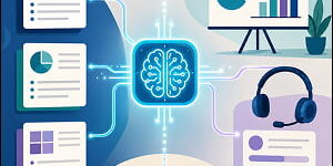 Illustration of an AI hub connecting marketing content, sales training tools, analytics, and aligned messaging icons in a clean color-block style.