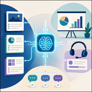 Illustration of an AI hub connecting marketing content, sales training tools, analytics, and aligned messaging icons in a clean color-block style.