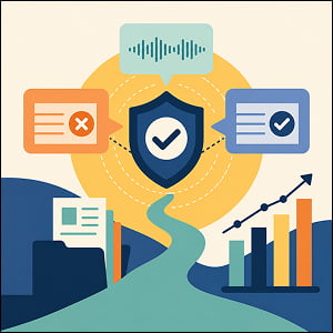 Illustration of a shield with a checkmark surrounded by approved and flagged message cards, representing AI-assisted brand and messaging consistency.