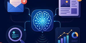 Illustration showing a glowing AI brain connected to email pitching, earned media, journalist research, and analytics icons on a dark blue background.