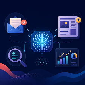 Illustration showing a glowing AI brain connected to email pitching, earned media, journalist research, and analytics icons on a dark blue background.
