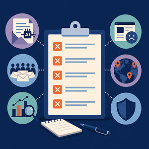 Illustration showing common AI PR mistakes, including unchecked pitches, broad outreach, sentiment misreading, GEO targeting gaps, and governance safeguards.
