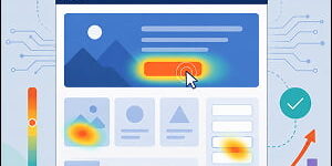 Illustration of an AI-powered landing page optimization dashboard with heatmap highlights, click tracking, and conversion growth chart.
