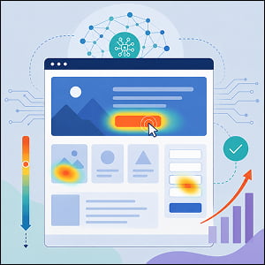 Illustration of an AI-powered landing page optimization dashboard with heatmap highlights, click tracking, and conversion growth chart.