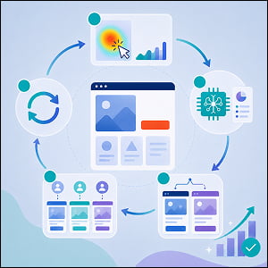 Illustration of an AI landing page optimization workflow showing behavioral tracking, AI analysis, variant testing, personalization, and continuous feedback.