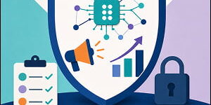 Illustration of a shield protecting AI, marketing, data review, and security icons to represent internal AI governance for marketing teams.