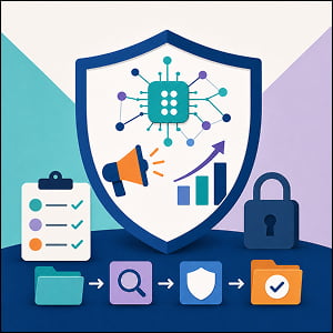 Illustration of a shield protecting AI, marketing, data review, and security icons to represent internal AI governance for marketing teams.