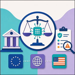 Illustration of AI balanced on legal scales, with compliance review documents and global regulation icons representing the EU and U.S. regulatory landscape.