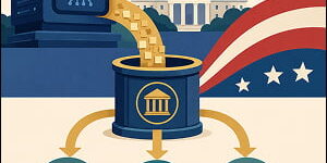 Illustration of AI-generated value flowing from a technology server into a government-managed public fund, then outward to housing, health care, and education benefits.