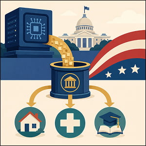 Illustration of AI-generated value flowing from a technology server into a government-managed public fund, then outward to housing, health care, and education benefits.