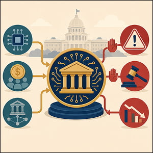 Illustration of competing support and criticism around an AI public wealth fund, with supportive icons flowing in from one side and warning, legal, and market-risk icons pushing back from the other.