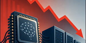 Illustration of an AI microchip connected to data center servers beneath a large red downward arrow, symbolizing a major selloff in AI-linked tech stocks.