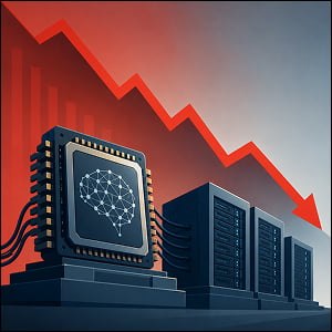 Illustration of an AI microchip connected to data center servers beneath a large red downward arrow, symbolizing a major selloff in AI-linked tech stocks.