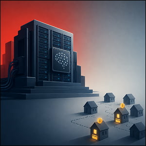 Illustration of a massive AI data center beside a small group of homes, with only two homes glowing with payment icons, symbolizing the gap between AI infrastructure spending and paying consumer adoption.