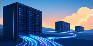 Illustration of data center server racks connected by glowing fiber optic cables, illustrating high-speed infrastructure powering AI systems.