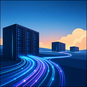 Illustration of data center server racks connected by glowing fiber optic cables, illustrating high-speed infrastructure powering AI systems.