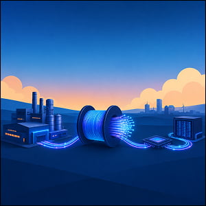 Illustration of a fiber optic supply chain scene showing a factory, glowing cable spool, chip, and data center connected by luminous data lines.