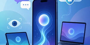 Illustration of an AI assistant glowing on a smartphone, connected to a tablet, laptop, chat bubbles, visual recognition icon, and secure cloud symbol.
