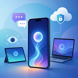 Illustration of an AI assistant glowing on a smartphone, connected to a tablet, laptop, chat bubbles, visual recognition icon, and secure cloud symbol.