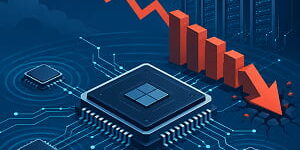 Illustration of a large AI chip connected to smaller semiconductor nodes as a red downward chart line and falling bars signal a sharp market selloff across the chip sector.