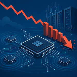 Illustration of a large AI chip connected to smaller semiconductor nodes as a red downward chart line and falling bars signal a sharp market selloff across the chip sector.