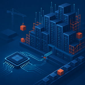 Illustration of a growing AI data center under construction, with server towers connected to an AI chip by glowing network lines and modular blocks suggesting infrastructure expansion.