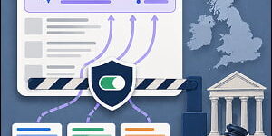 Illustration of AI search summaries pulling from publisher content, with opt-out protection, a UK map, and legal oversight symbols.