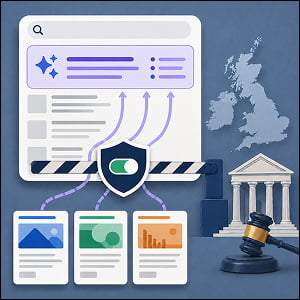 Illustration of AI search summaries pulling from publisher content, with opt-out protection, a UK map, and legal oversight symbols.
