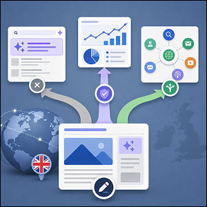 Illustration of a publisher’s content branching into AI search, analytics, and diversified marketing channels, showing creator choices after new opt-out controls.