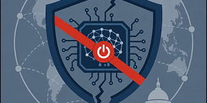 Illustration of a cracked cybersecurity shield around an AI microchip, crossed by a red shutdown symbol, with a global network map and government building in the background.