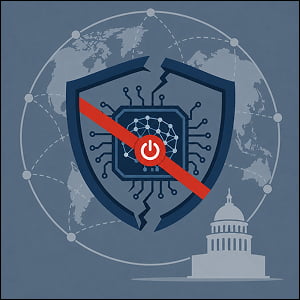 Illustration of a cracked cybersecurity shield around an AI microchip, crossed by a red shutdown symbol, with a global network map and government building in the background.