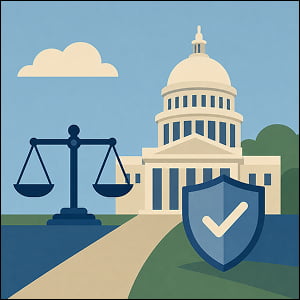 Illustration of a government building with scales of justice and a shield, representing AI regulation, legal precedent, and safeguards around model access.