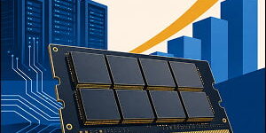 Illustration of a memory chip connected to data-center servers, with rising blue bars and a gold upward arrow symbolizing AI-driven semiconductor growth.