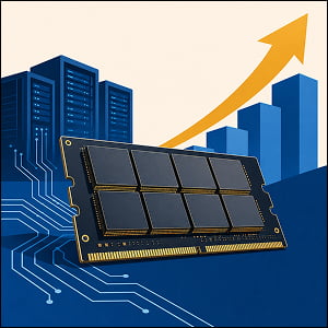 Illustration of a memory chip connected to data-center servers, with rising blue bars and a gold upward arrow symbolizing AI-driven semiconductor growth.
