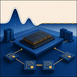 Illustration of a memory chip on a stable platform, connected to contract icons and data-center nodes, with a volatile wave flattening into a steady line.