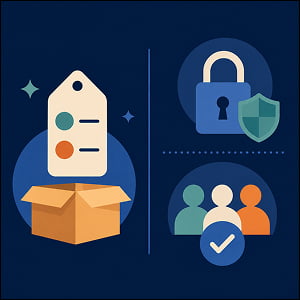 Illustration of a price tag rising from an open box beside icons for secure access and approved user groups on a dark blue background.