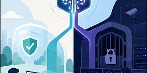 Illustration of a central AI brain splitting into two paths: one for public use with safety guardrails and one locked behind a secure gate for trusted researchers.